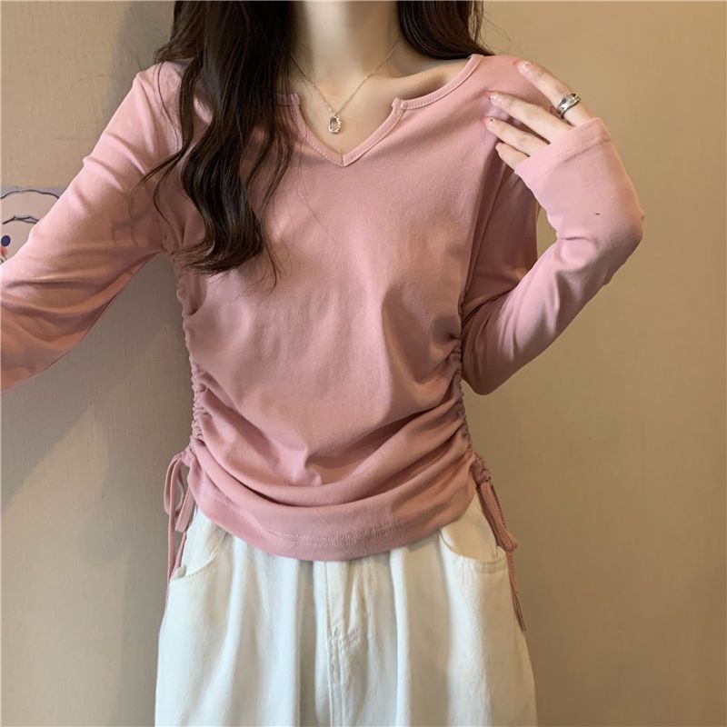 Autumn new Korean design long-sleeved V-neck drawstring slimming versatile t-shirt short unique bottoming shirt tops for women