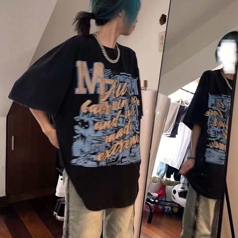 100%純棉國潮牌美式復古高街短袖t恤女ins夏季新款設計感寬鬆上衣
