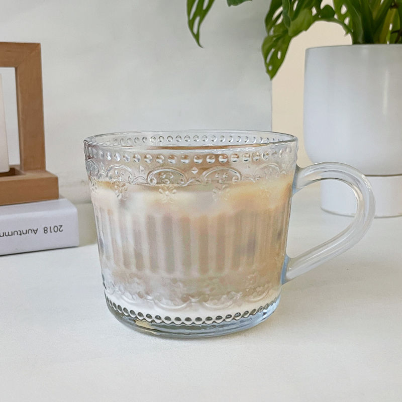 玻璃杯小众高颜值咖啡杯有盖勺子燕麦牛奶把手杯复古浮雕早餐杯子