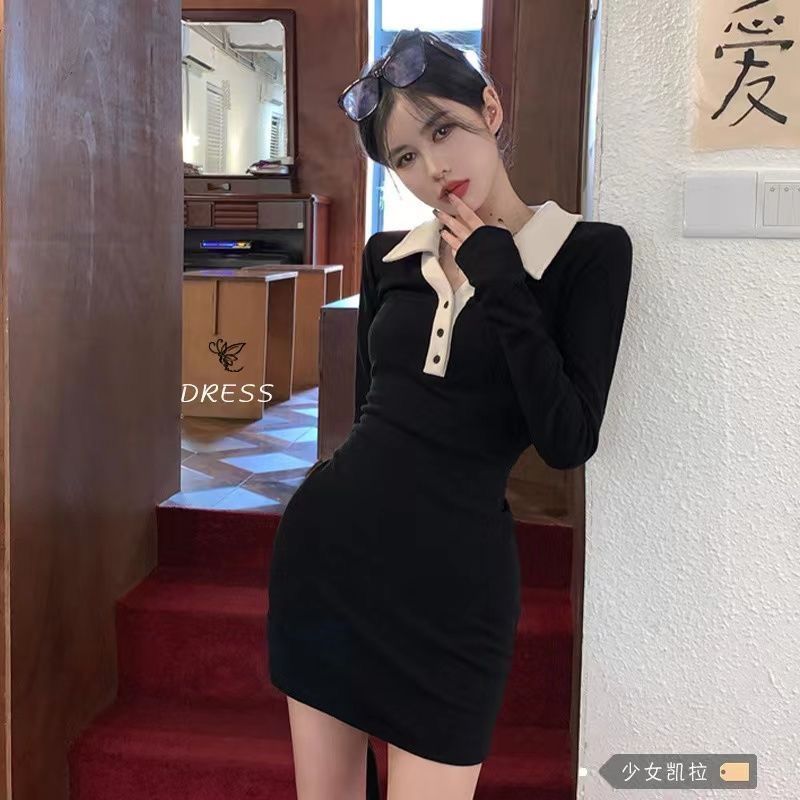 黑色緊身POLO領連衣裙女裝2022秋裝新款長袖設計感包臀裙短裙裙子