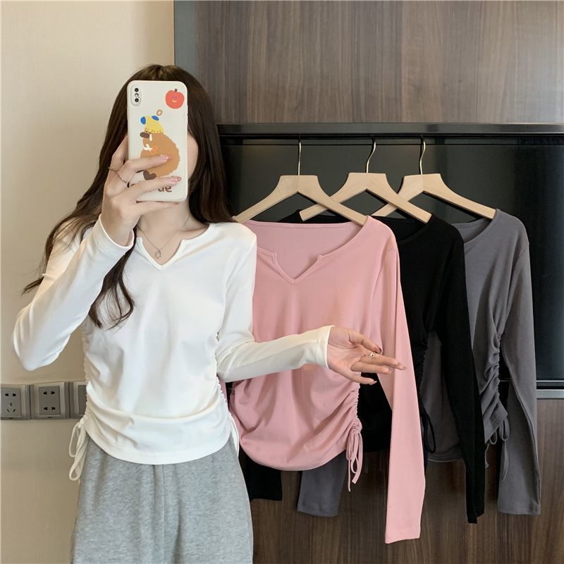 Autumn new Korean design long-sleeved V-neck drawstring slimming versatile t-shirt short unique bottoming shirt tops for women