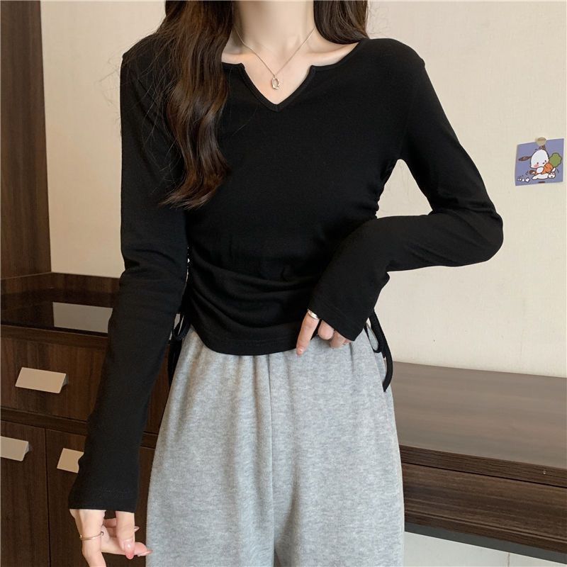 Autumn new Korean design long-sleeved V-neck drawstring slimming versatile t-shirt short unique bottoming shirt tops for women