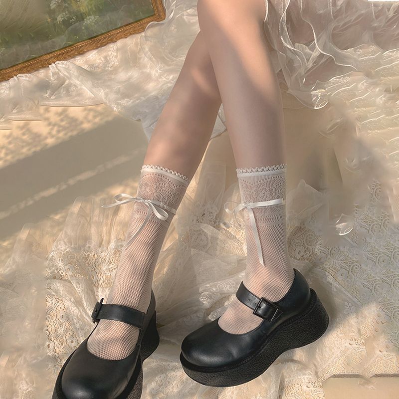 春夏薄款透肉日系甜美白色小腿袜女蕾丝花边中筒袜黑色堆堆短袜子