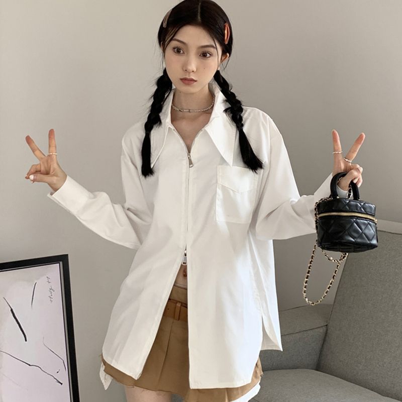 法式拉鏈白色長袖襯衫女秋季設計感小眾寬鬆顯瘦襯衣獨特别致上衣