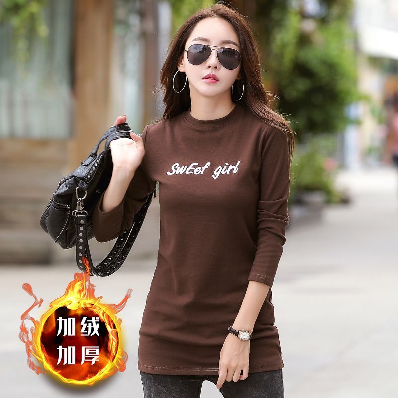 Plush thickened long-sleeved t-shirt women's top pure cotton mid-length bottoming shirt slim fit western style autumn and winter inner wear T-shirt