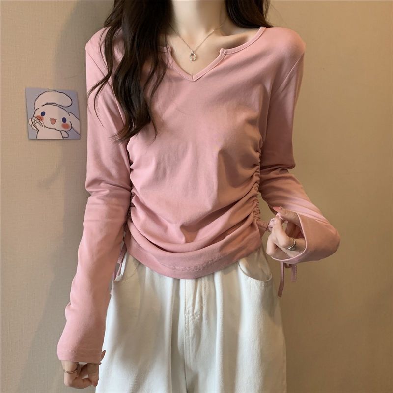 Autumn new Korean design long-sleeved V-neck drawstring slimming versatile t-shirt short unique bottoming shirt tops for women