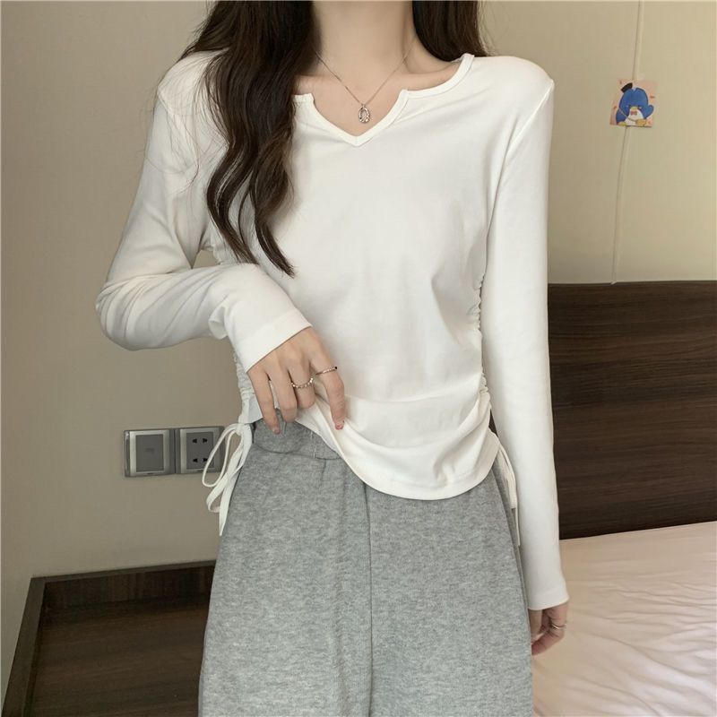 Autumn new Korean design long-sleeved V-neck drawstring slimming versatile t-shirt short unique bottoming shirt tops for women