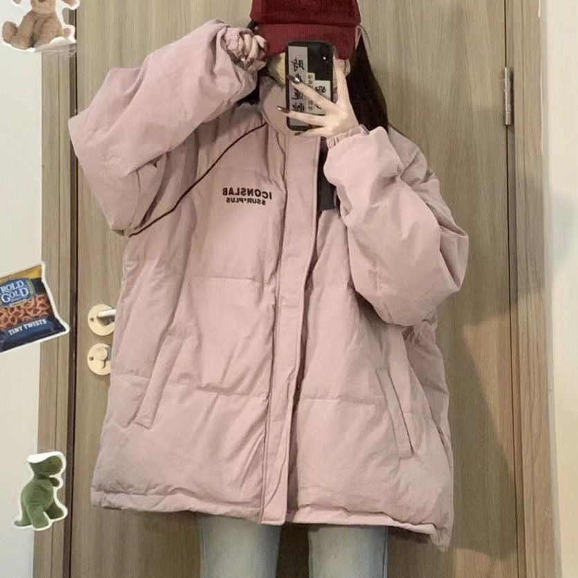 College style sweet thickened warm pink embroidered cotton coat for female students winter Korean style hand-stuffed cotton bread jacket