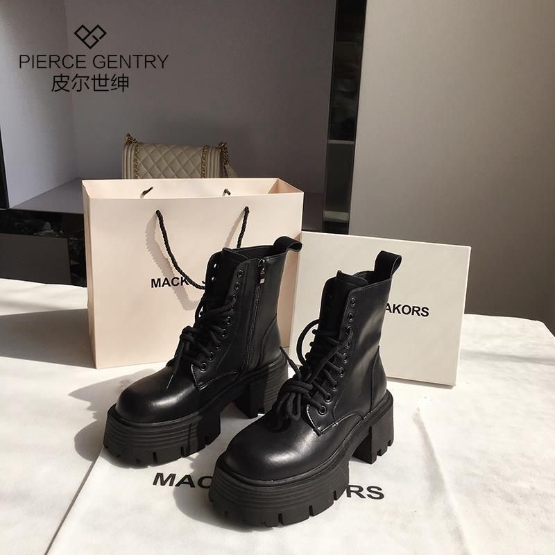 Pierre Shigen leather thick-soled heightened Martin boots women's ins new sponge cake locomotive boots thick-heeled mid-tube boots
