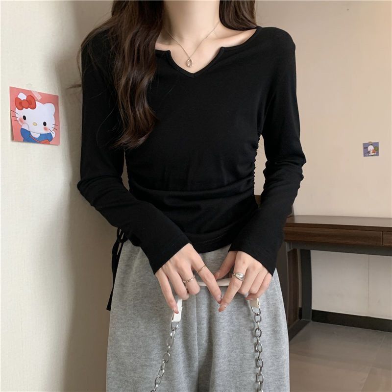 Autumn new Korean design long-sleeved V-neck drawstring slimming versatile t-shirt short unique bottoming shirt tops for women