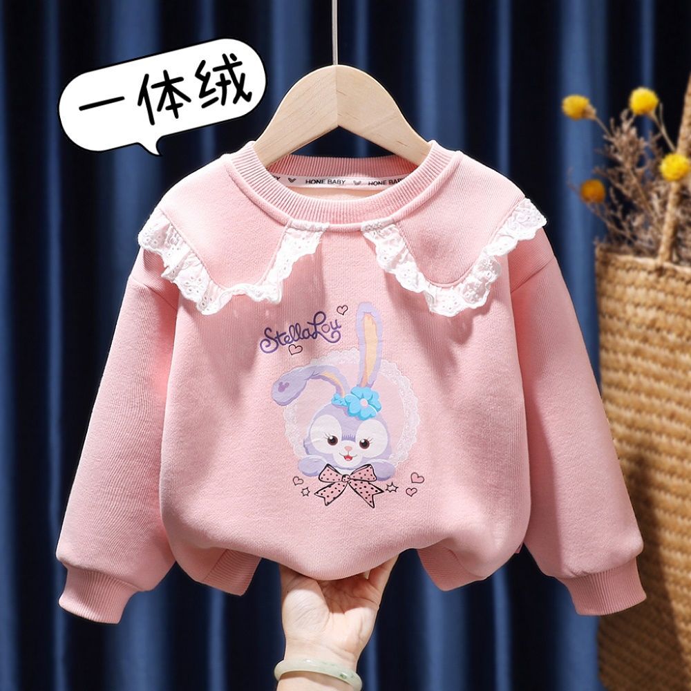 Girls' Velvet Sewn Cartoon Rabbit Sweatshirt  Winter New Children's Clothes Baby Fashionable Thin Round Neck Top