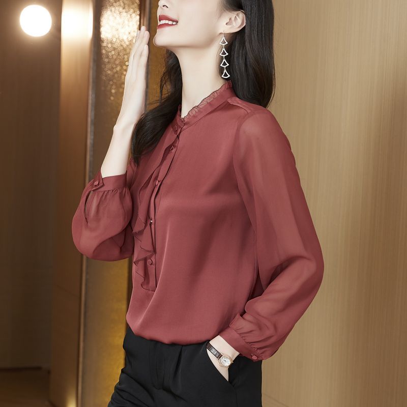 桑蠶絲真絲襯衫女2022秋季新款拼接木耳邊長袖套頭立領襯衣女