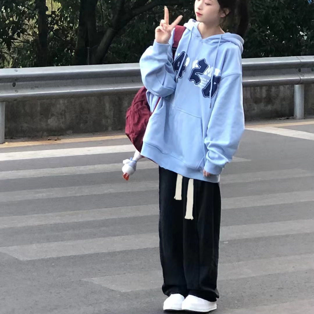2023套裝女學生女裝中長款古着vintage衛衣+休閒闊腿褲子單/套裝