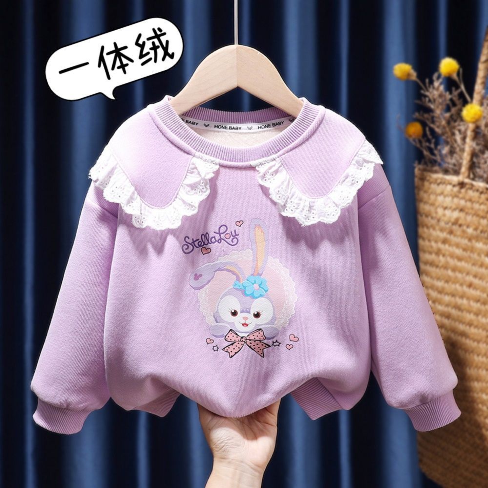 Girls' Velvet Sewn Cartoon Rabbit Sweatshirt  Winter New Children's Clothes Baby Fashionable Thin Round Neck Top