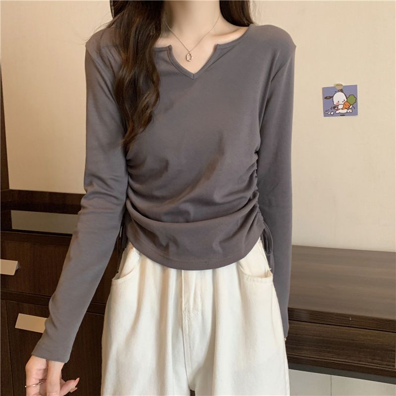 Autumn new Korean design long-sleeved V-neck drawstring slimming versatile t-shirt short unique bottoming shirt tops for women