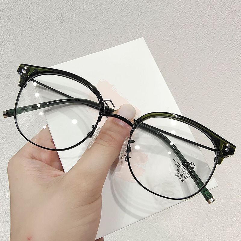 Round gold wire half-frame glasses frame women's model suitable for big face retro brown flat light ultra-light glasses frame can be equipped with degrees