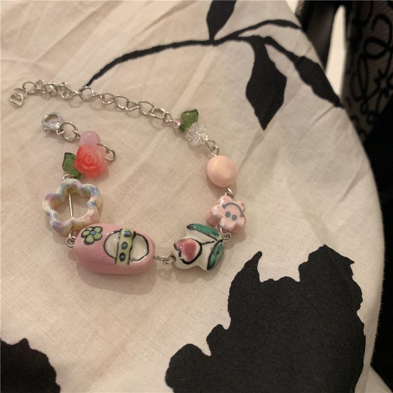 Ceramic Beaded Bracelet~Pink Tulips Sweet and Cute Flowers Smiling Face Hand Decoration Girl Heart Hand-painted Color Trend
