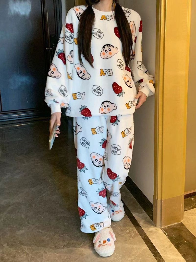 韓國ins睡衣女冬季加厚加絨珊瑚絨秋冬蠟筆小新法蘭絨家居服套裝