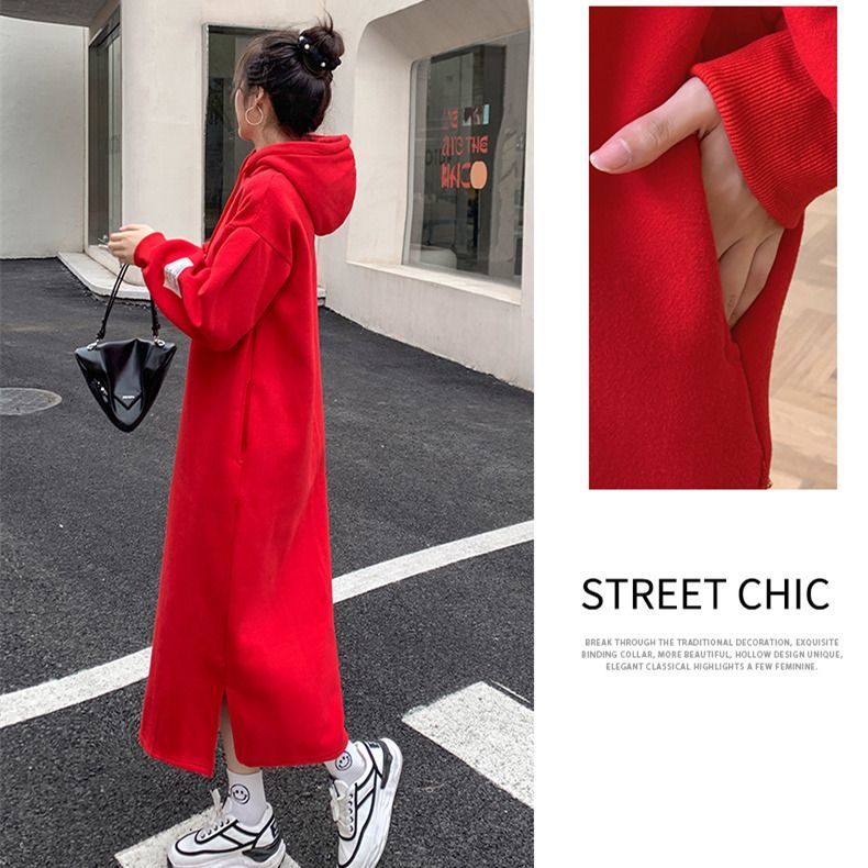 Autumn and winter plus velvet thickened long sweater dress fat MM extra large size 300 catties loose red dress that covers meat and looks thin