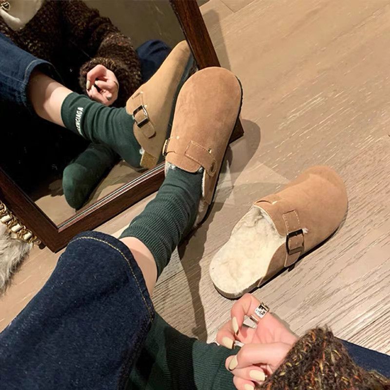 皮毛一體勃肯鞋加絨真皮一腳蹬保暖半拖鞋女冬外穿穆勒毛毛博肯鞋
