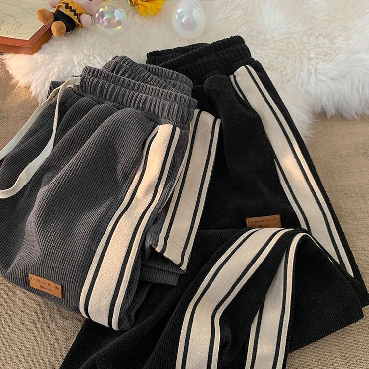 Corduroy pants men's  spring and autumn new loose straight pants ins trendy all-match striped sports casual trousers