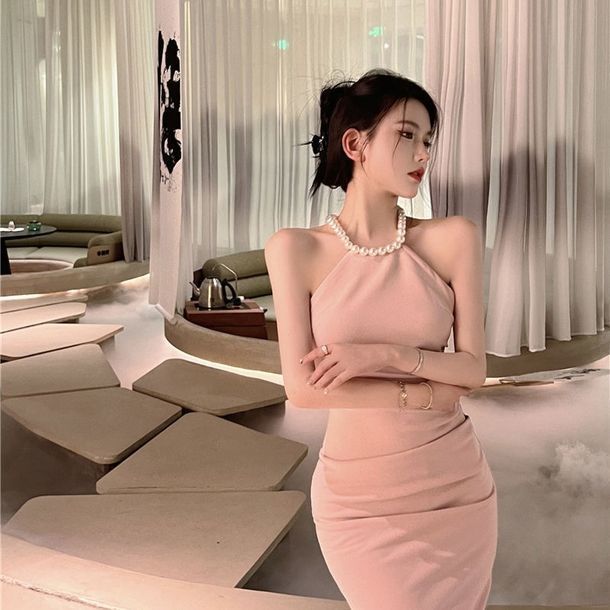Irregular halter neck suspender dress for women summer French pink waist slimming hip slit mid-length skirt