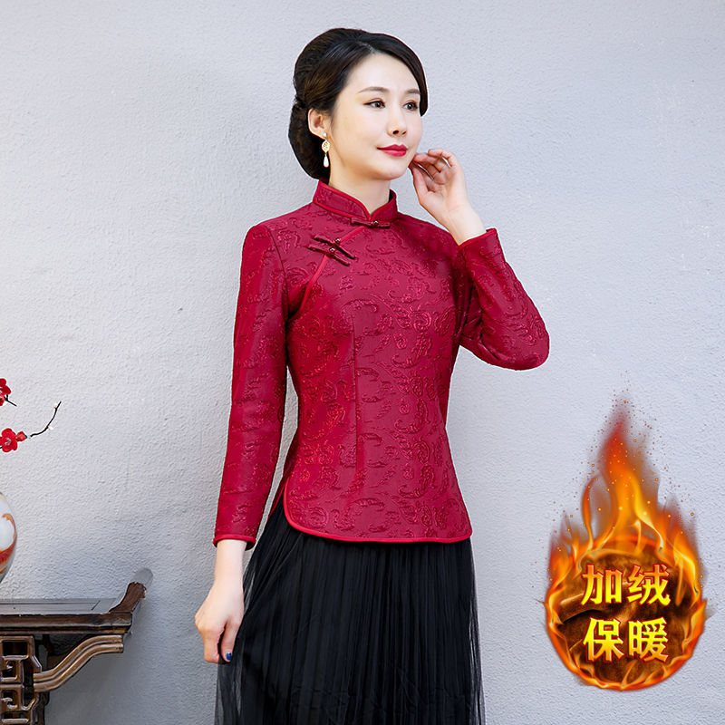 加絨加厚冬款旗袍上衣打底保暖2023年新款媽媽裝修身氣質遮肚提花