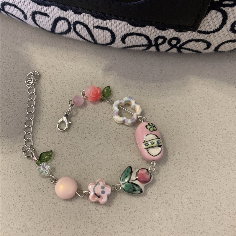 Ceramic Beaded Bracelet~Pink Tulips Sweet and Cute Flowers Smiling Face Hand Decoration Girl Heart Hand-painted Color Trend