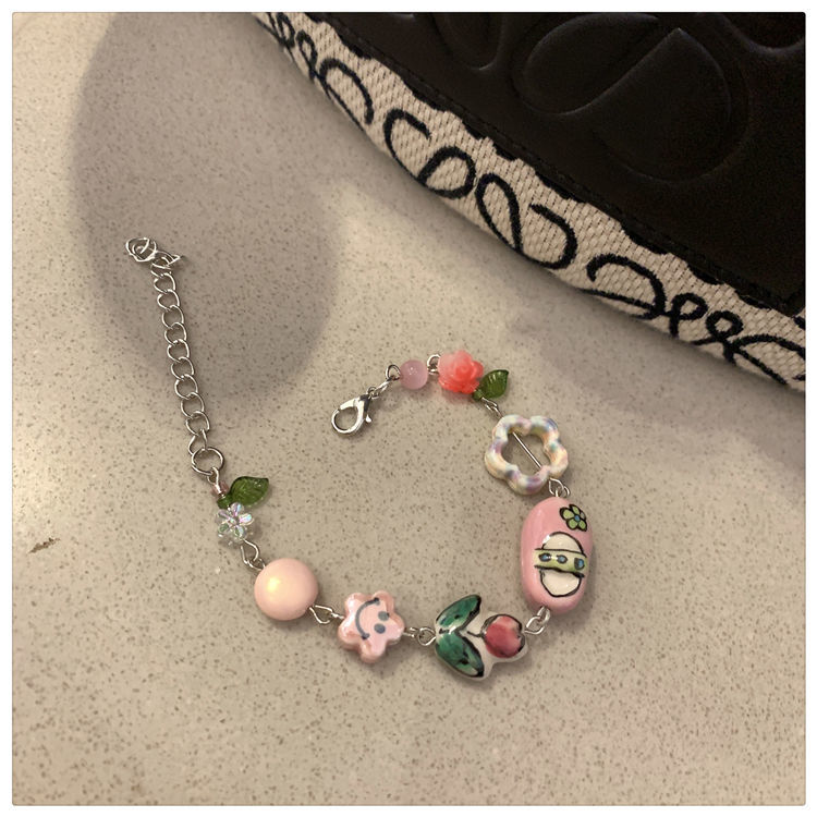 Ceramic Beaded Bracelet~Pink Tulips Sweet and Cute Flowers Smiling Face Hand Decoration Girl Heart Hand-painted Color Trend