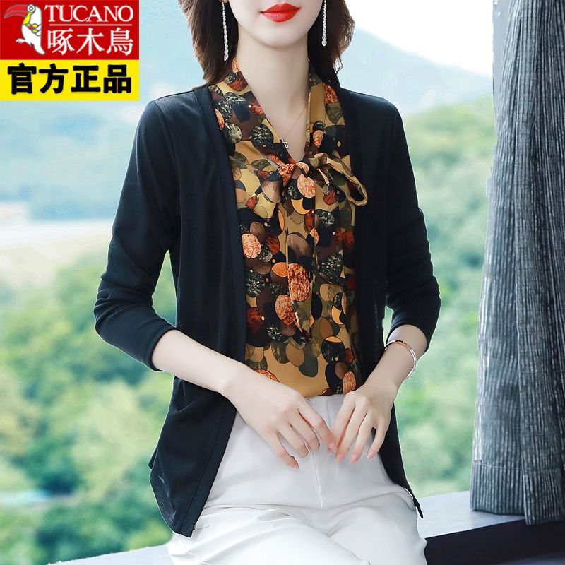 啄木鳥正品高檔假兩件上衣拼接襯衫女長袖2022秋季新款洋氣小衫潮
