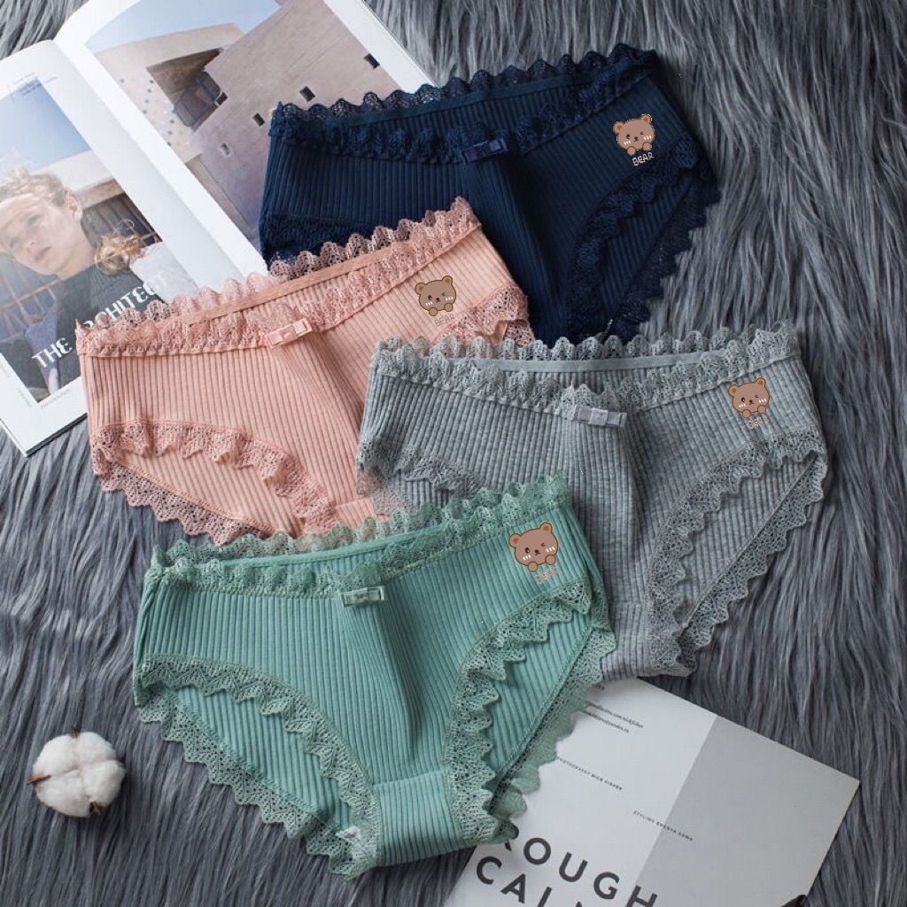 4 pieces of underwear women's pure cotton antibacterial Japanese students lace edge middle and low waist sexy bear plus size girl briefs