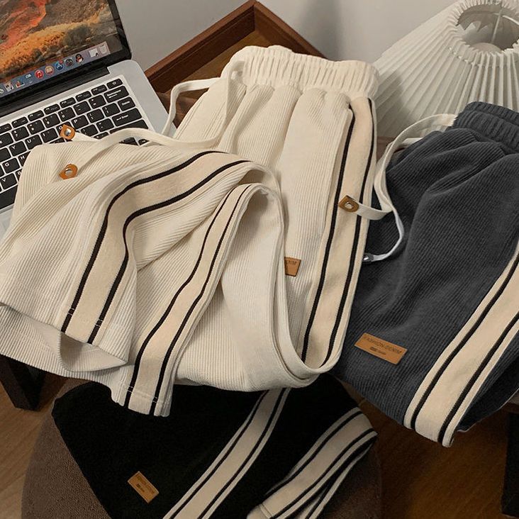 Corduroy pants men's  spring and autumn new loose straight pants ins trendy all-match striped sports casual trousers