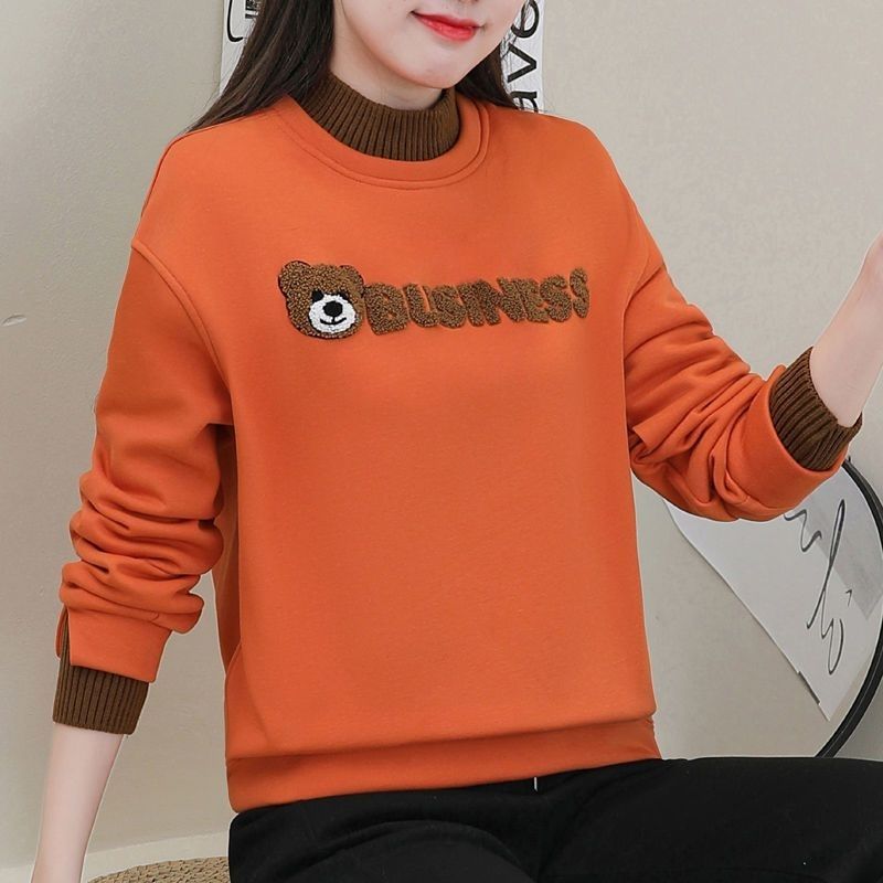 加絨加厚衛衣女2023年秋冬新款圓領寬鬆上衣小熊刺繡設計感顯減齡