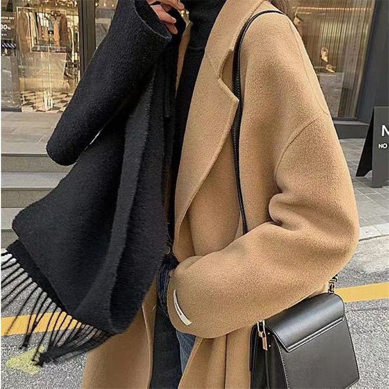 Camel double-sided cashmere coat women autumn and winter mid-length high-end Hepburn style loose wool woolen coat
