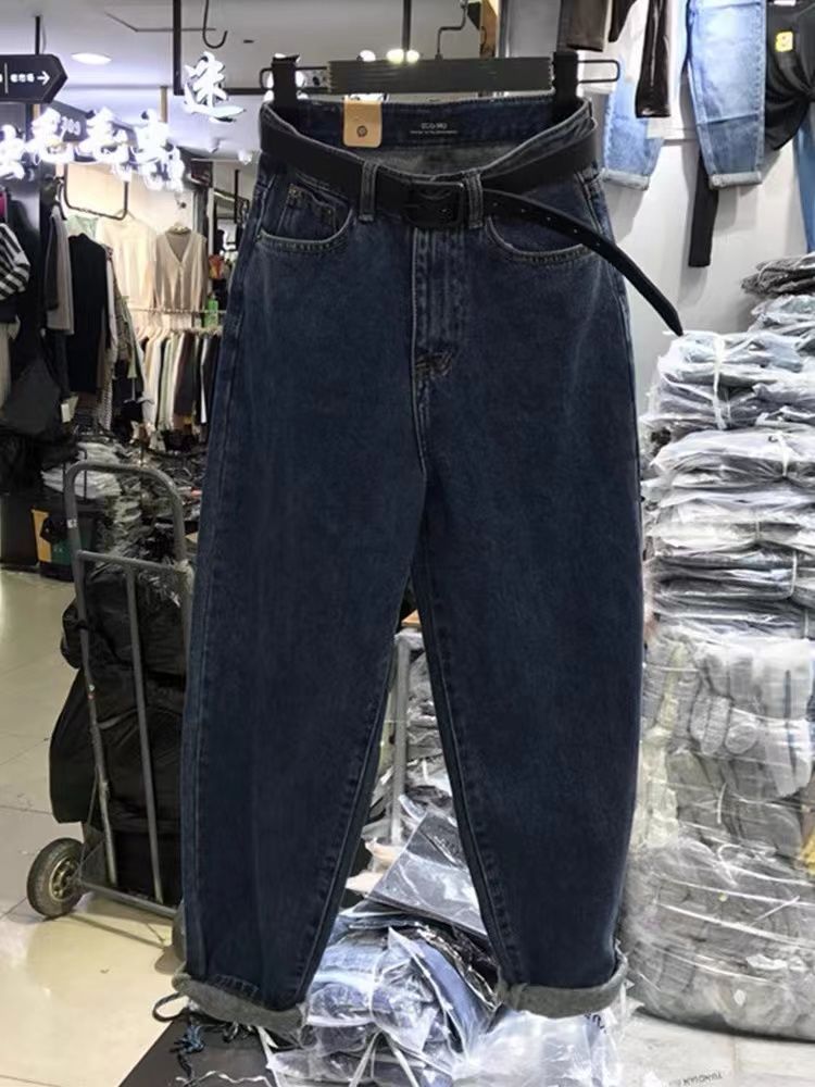 高腰哈倫牛仔褲女春秋新款梨型身材寬鬆顯瘦大碼直筒加絨老爹褲