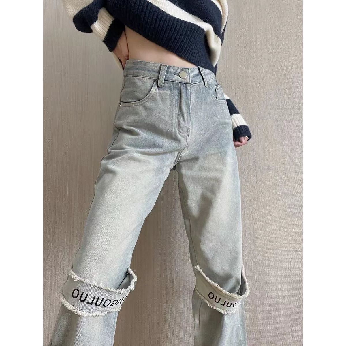 American high street hiphop distressed jeans for women niche design ins fashion brand retro slimming wide leg trousers