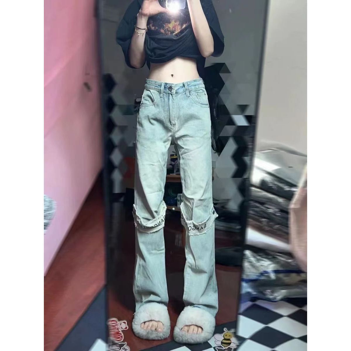 American high street hiphop distressed jeans for women niche design ins fashion brand retro slimming wide leg trousers