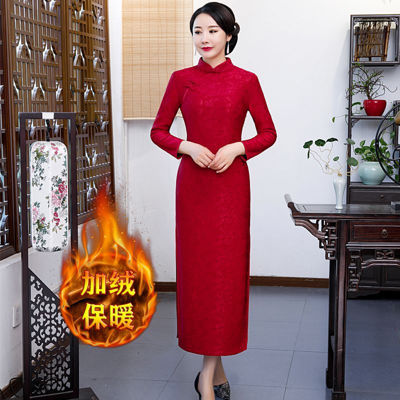 加絨加厚高檔長款旗袍秋冬新款氣質遮肚喜媽媽婚宴禮服改良連衣裙