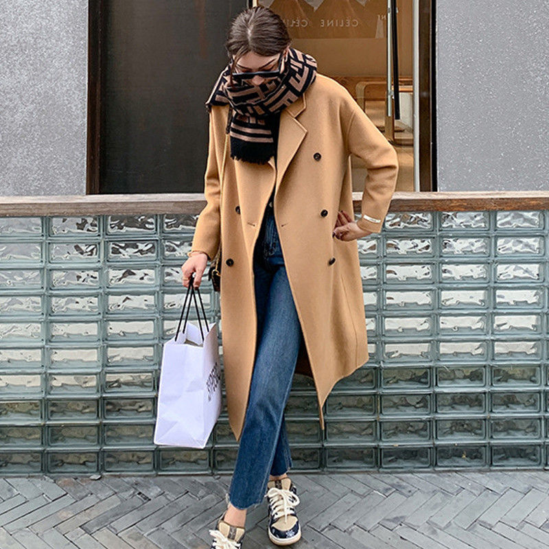 Camel double-sided cashmere coat women autumn and winter mid-length high-end Hepburn style loose wool woolen coat