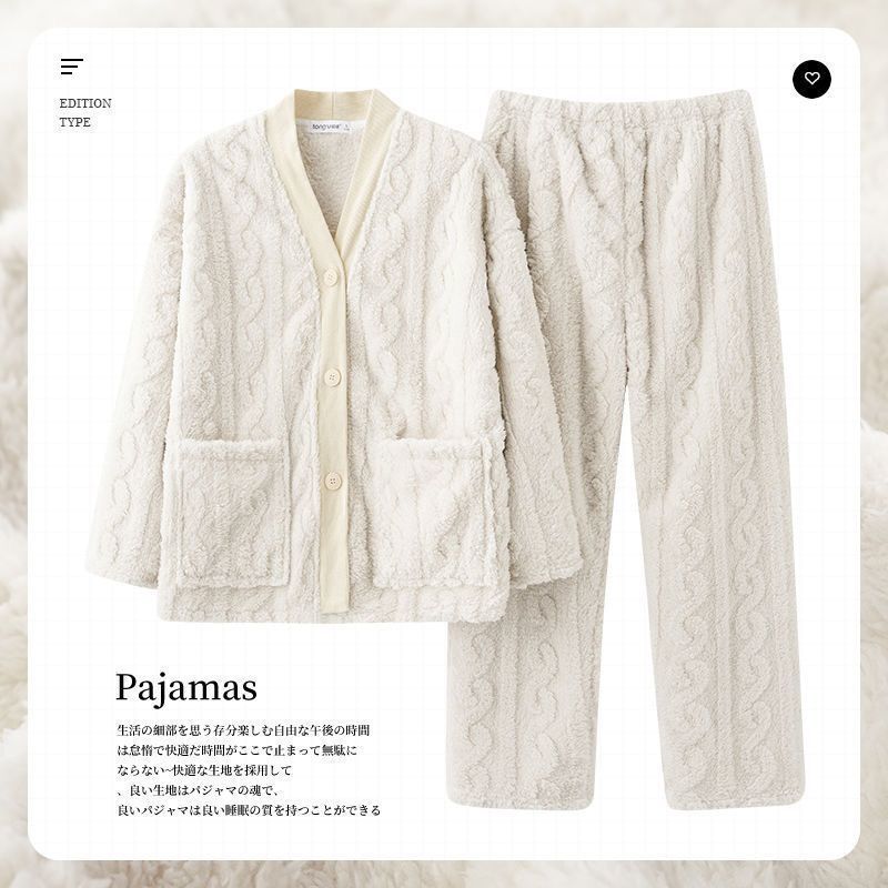 睡衣春秋款女長袖加絨加厚珊瑚絨秋冬款可愛法蘭絨冬季家居服套裝
