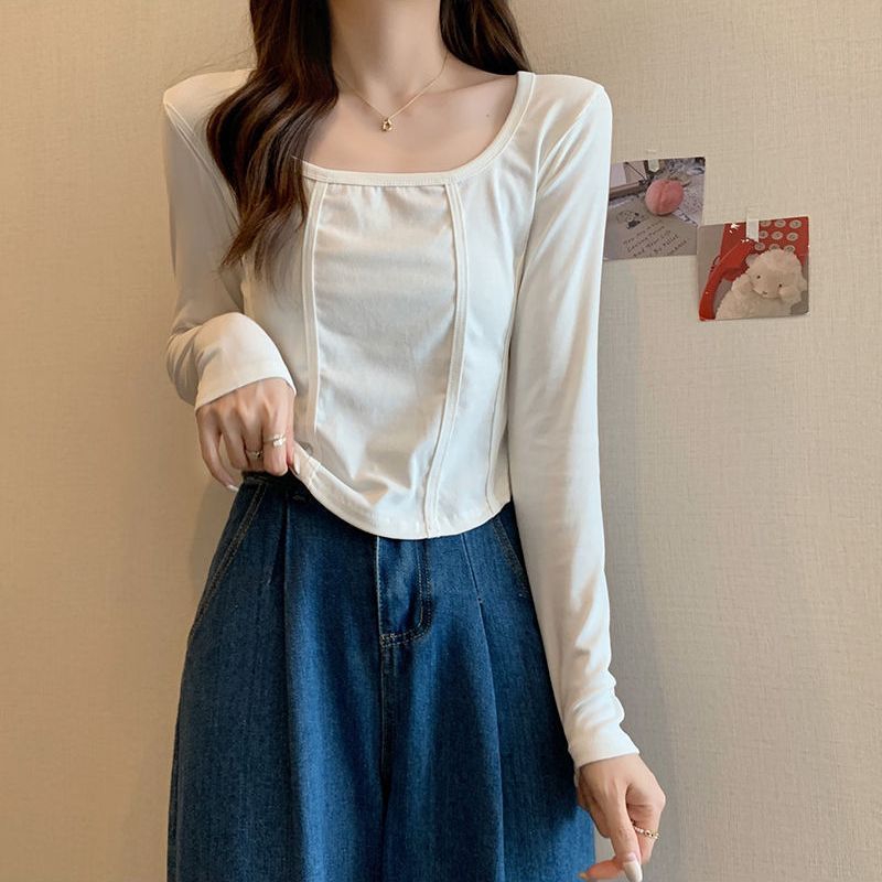 Long-sleeved t-shirt women's fishbone French white short front shoulder top autumn and winter all-match western style new chic bottoming