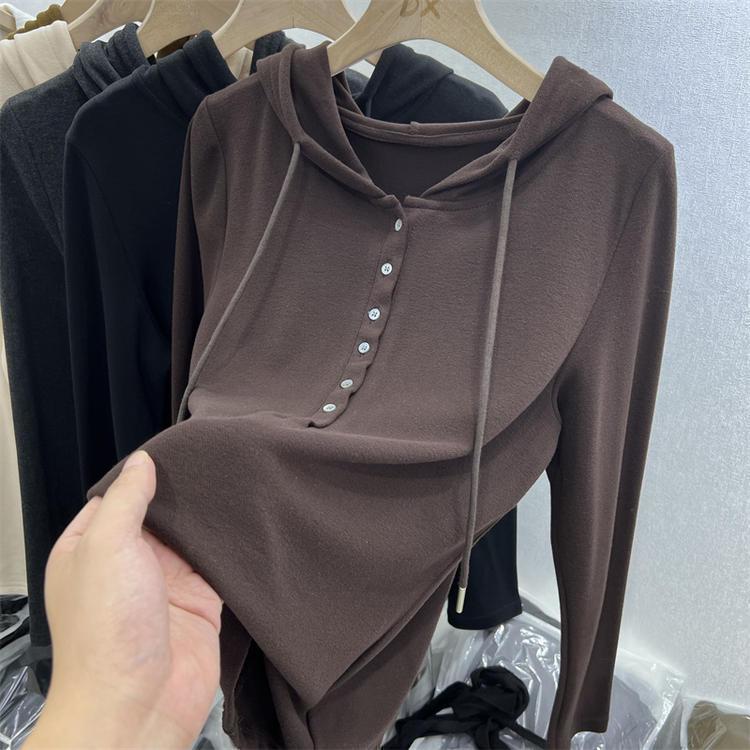 自發熱德絨連帽衫長袖加絨保暖打底衫秋冬新款洋氣小衫百搭上衣潮