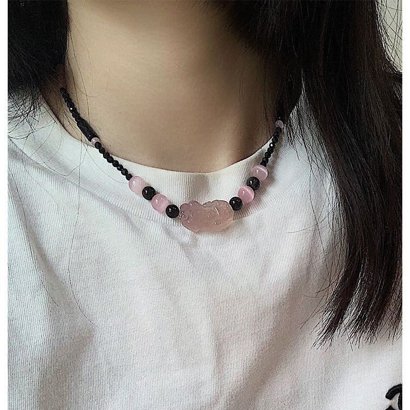 粉色貔貅串珠项链女小众设计高级感甜酷锁骨链吊坠轻奢情侣颈链潮