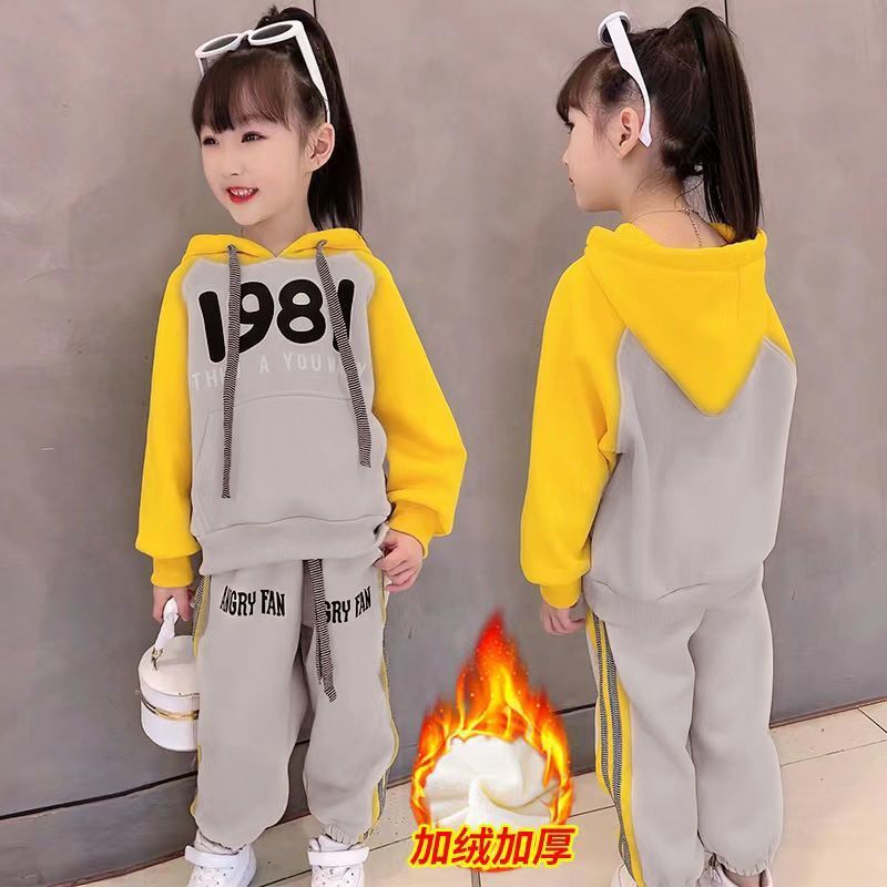 Girls' suit autumn and winter 2022 new velvet thickened children's foreign style children's fashionable sportswear two-piece set