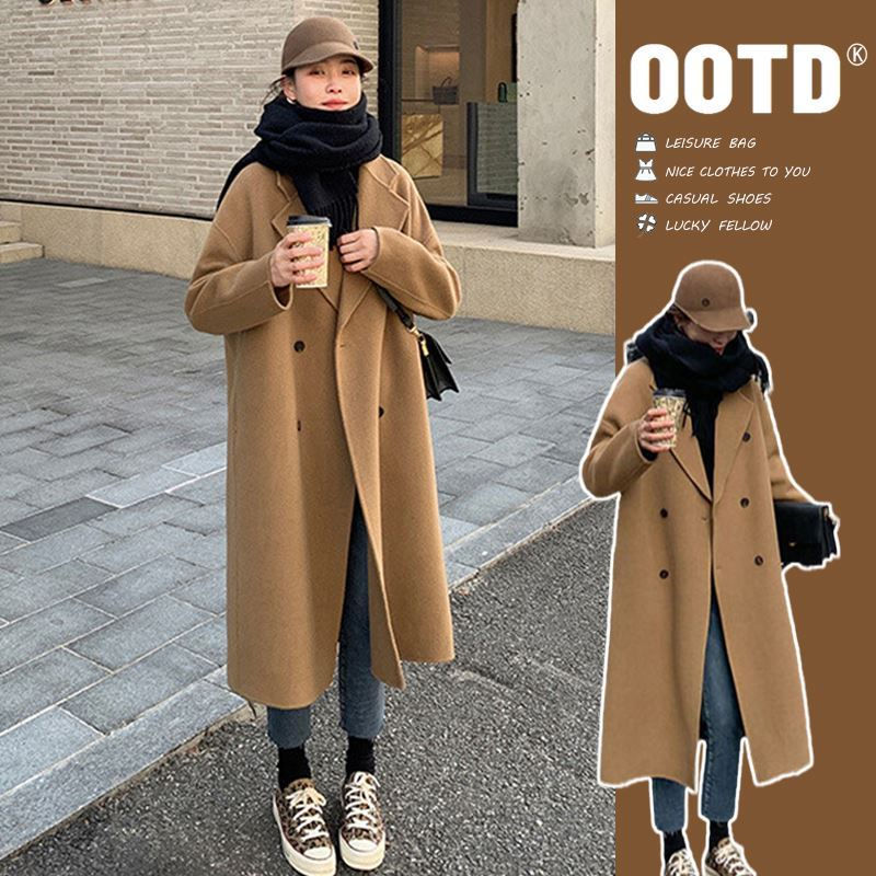 Camel double-sided cashmere coat women autumn and winter mid-length high-end Hepburn style loose wool woolen coat