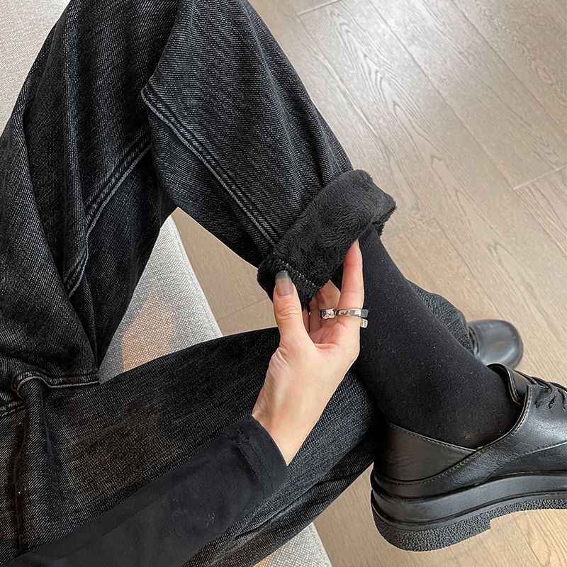 質感超軟牛仔褲女加絨加厚羊羔絨老爹褲梨型身材哈倫褲顯瘦蘿蔔褲
