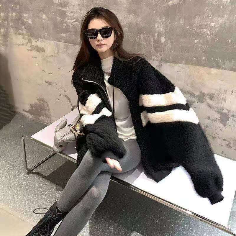 黑白拼色羊羔毛立領毛絨外套女潮ins2022新款秋冬季寬鬆保暖棉服