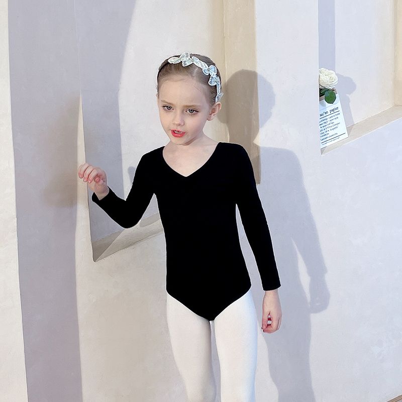 儿童舞蹈服女夏季短袖练功服女童黑色连体服幼儿中国舞考级芭蕾服