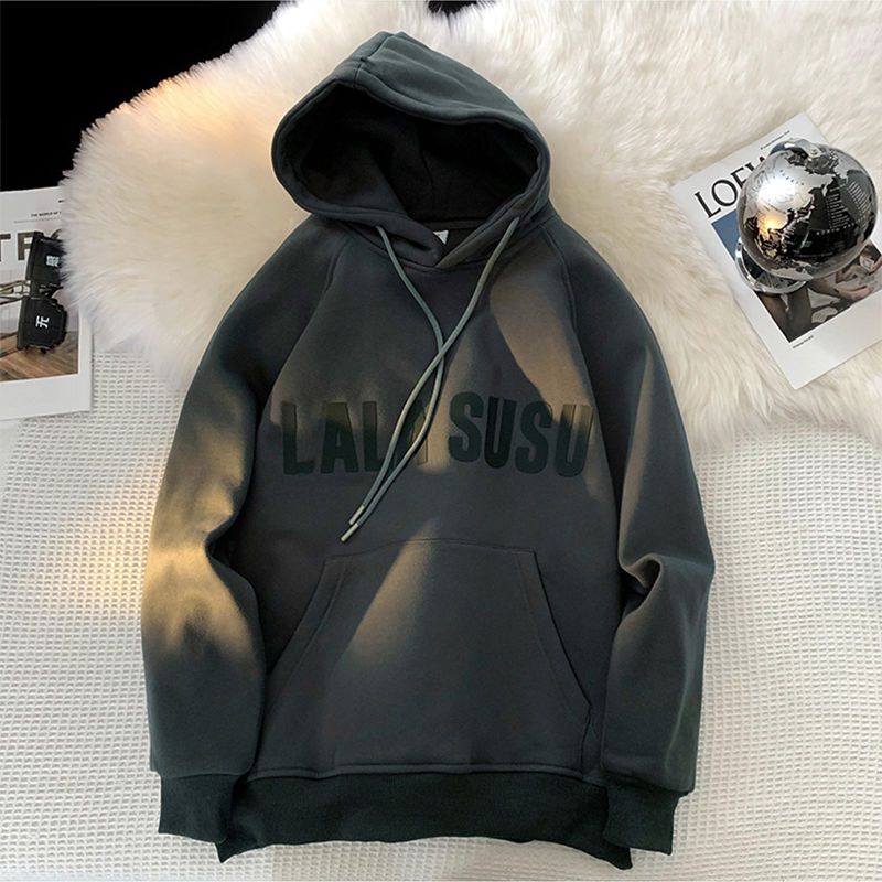 American heavy sweater boys winter retro plus velvet thickened hooded jacket autumn and winter ins tide brand stiff top
