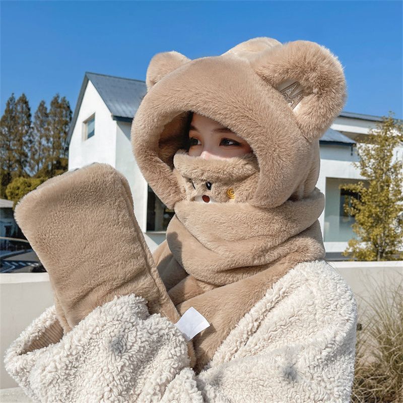 新款可爱小熊护耳保暖防风口罩手套帽子围巾一体四件套女冬潮